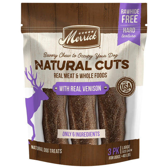 Merrick Natural Cuts Rawhide Free Large Chew with Real Venison for Dogs, 10.9 oz., Count of 3