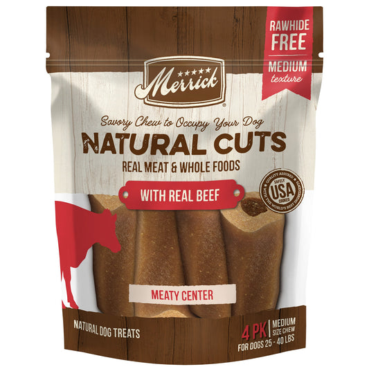 Merrick Natural Cuts Rawhide Free Medium Filled Chew with Real Beef for Dogs, 10.5 oz., Count of 4