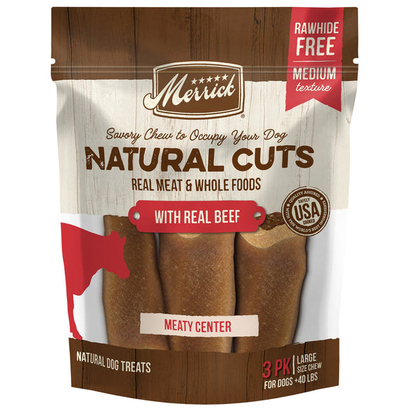 Merrick Natural Cuts Rawhide Free Large Filled Chew with Real Beef for Dog Treats, 11.5 oz., Count of 3