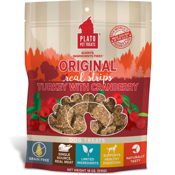 Plato Original Real Strips Turkey & Cranberry Grain-Free Dog Treats, 18 Oz.