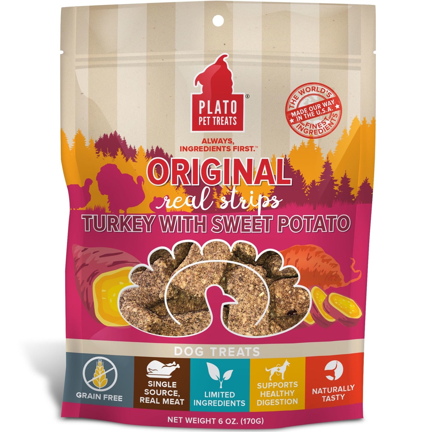 Plato Original Real Strips Turkey & Sweet Potato Grain-Free Dog Treats  6 Oz.