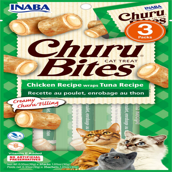 Inaba Churu Bites Chicken Wraps Tuna Recipe Cat Treats, 1.05 oz.