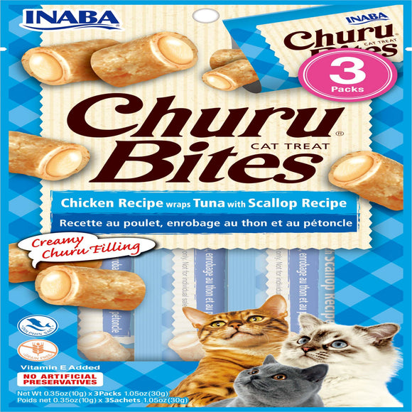 Inaba Churu Bites Chicken Wraps Tuna with Scallop Recipe Cat Treats, 1.05 oz.
