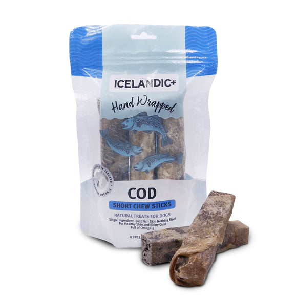 Icelandic+ Hand Wrapped Cod Skin Short Chew Stick Dog Treats, 3.4 oz., Count of 3