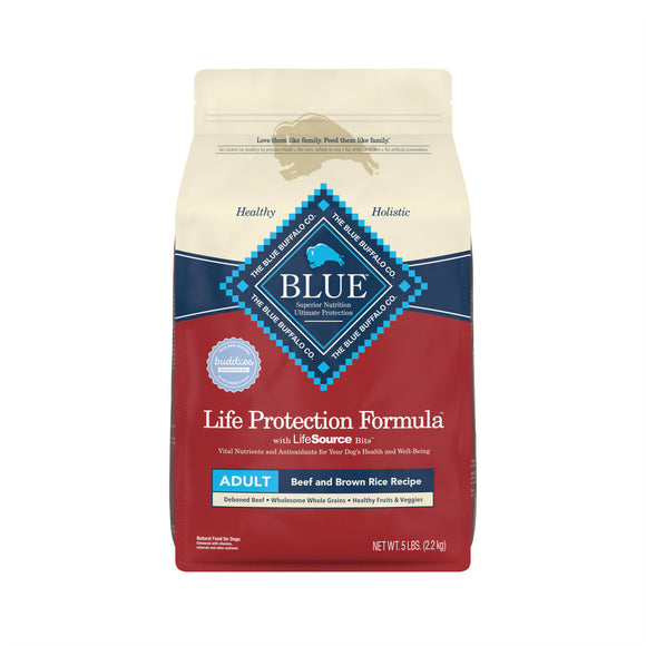 Blue Buffalo Life Protection Formula Beef and Brown Rice Dry Dog Food for Adult Dogs  Whole Grain  5 lb. Bag