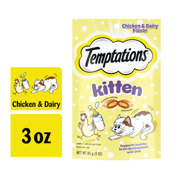 TEMPTATIONS Chicken and Dairy Flavor Crunchy and Soft Kitten Treats  3 oz.