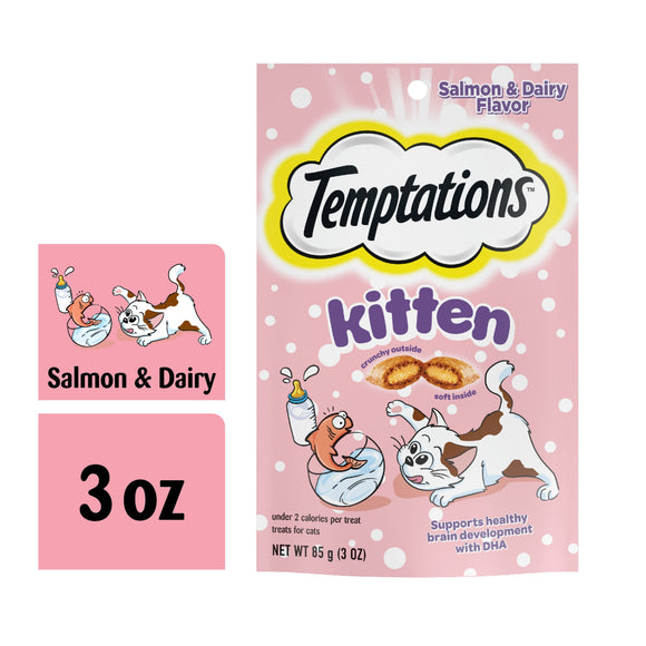 TEMPTATIONS Salmon and Dairy Flavor Crunchy and Soft Kitten Treats  3 oz.