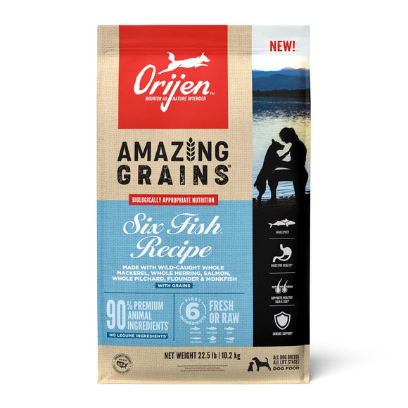 ORIJEN Amazing Grains Six Fish High Protein Dry Dog Food, 22.5 lbs.