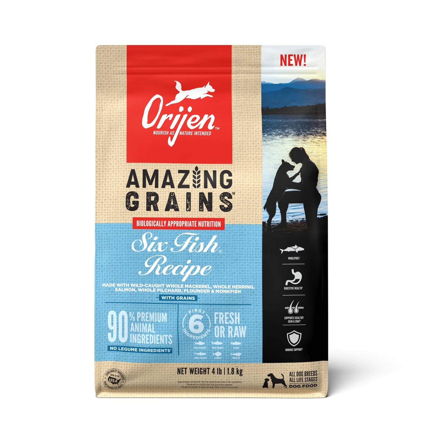 ORIJEN Amazing Grains Six Fish High Protein Dry Dog Food, 4 lbs.