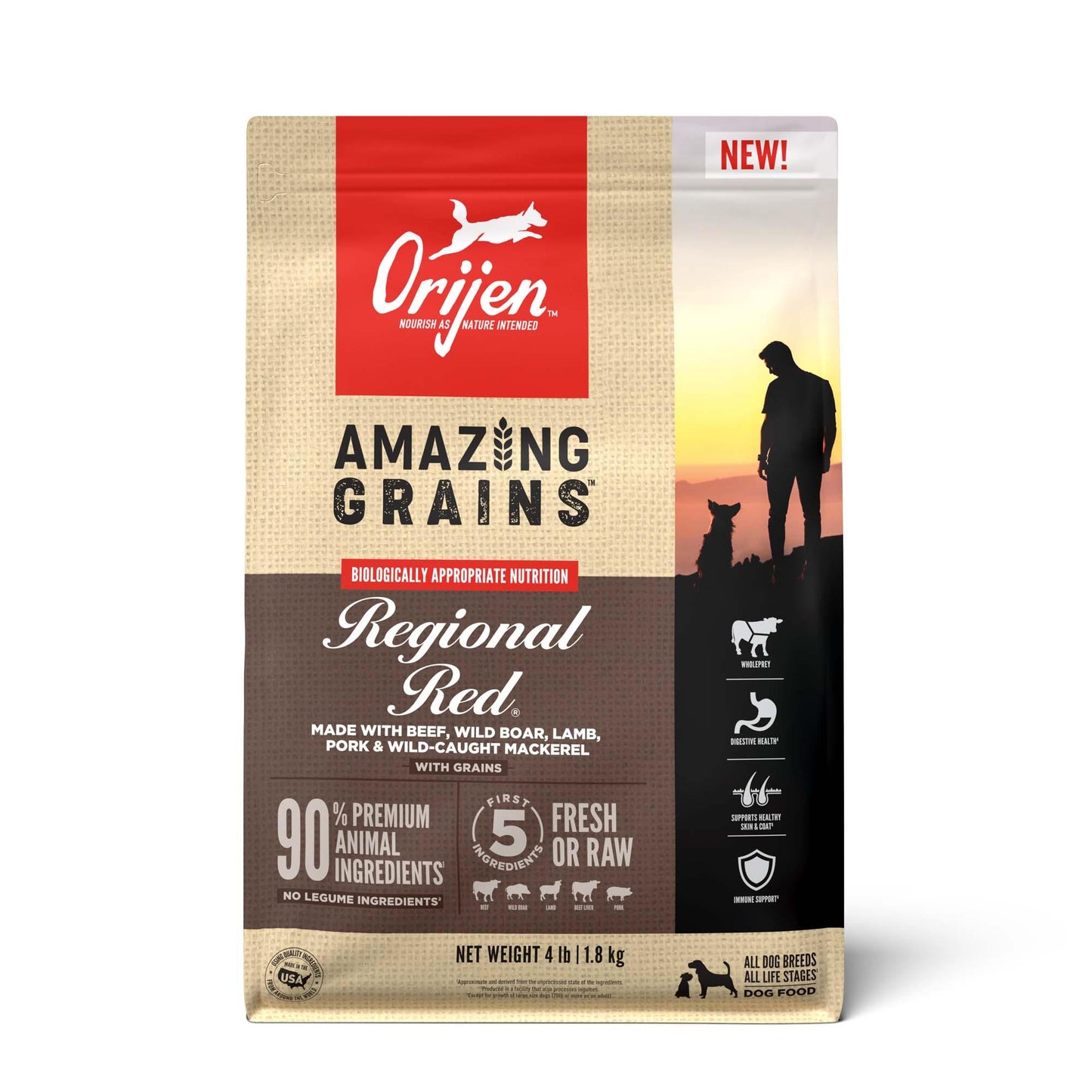 ORIJEN Amazing Grains Regional Red High Protein Dry Dog Food, 4 lbs.