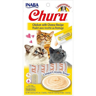 INABA Churu Creamy  Lickable Purée Cat Treat w Taurine  0.5 oz  4 Tubes  Chicken with Cheese Recipe