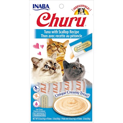 INABA Churu Creamy  Lickable Purée Cat Treat w Taurine  0.5 oz  4 Tubes  Tuna with Scallop Recipe