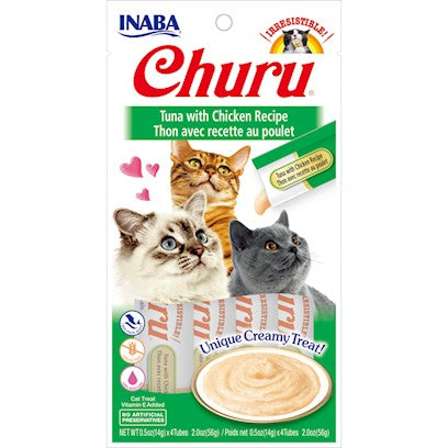 Inaba Churu Grain-Free Cat Treat, Tuna with Chicken Puree, 4 Tubes