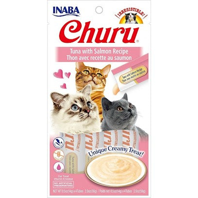 INABA Churu Creamy  Lickable Purée Cat Treat w Taurine  0.5 oz  4 Tubes  Tuna with Salmon Recipe