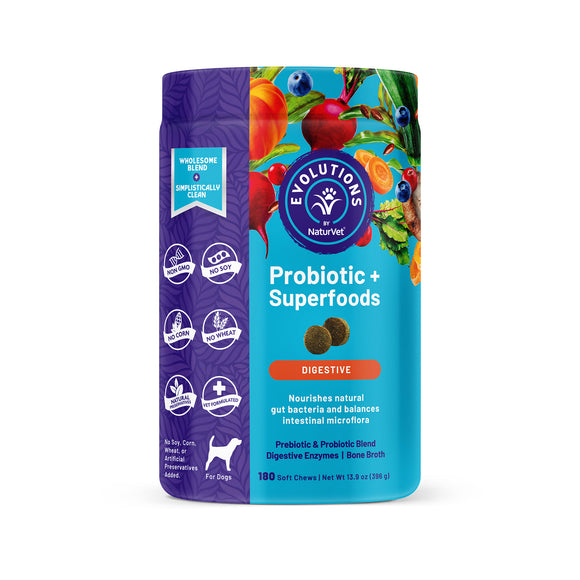NaturVet Evolutions Probiotic + Superfoods Digestive Soft Chews for Dogs, Count of 180, 180 CT