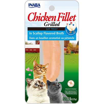 INABA Natural  Premium Hand-Cut Grilled Chicken Fillet Cat Treats/Topper/Complement with Vitamin E and Green Tea Extract  0.9 Ounces Each  Scallop Broth