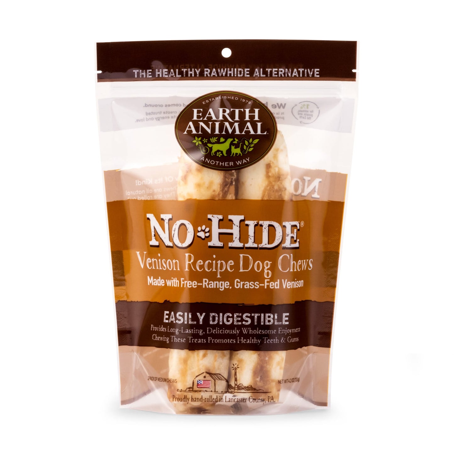 Earth Animal No-Hide Wholesome Chews Grass-Fed Venison Medium Natural Rawhide Alternative for Dog, 4.2 oz., Count of 2