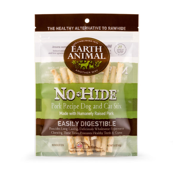 Earth Animal No-Hide Wholesome Chews Humanely-Raised Pork Stix Natural Rawhide Alternative for Dog & Cat, 1.6 oz., Count of 10