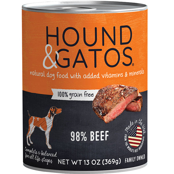 Hound & Gatos Wet Dog Food 98% Beef  13oz can