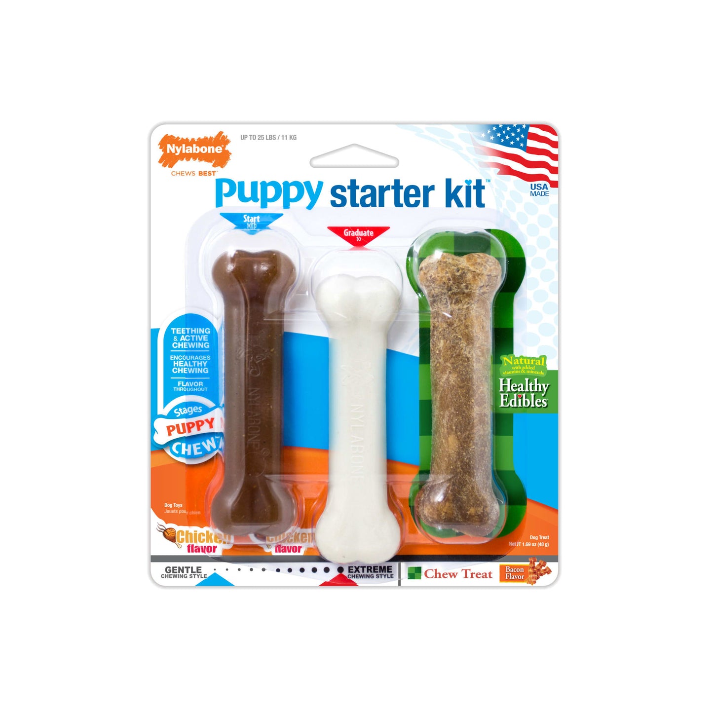 Nylabone Just For Puppies Chew Toy & Treat Starter Kit  Chicken & Bacon