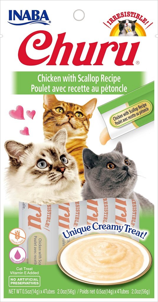 INABA Juicy Bites Grain-Free  Soft  Moist  Chewy Cat Treats with Vitamin E and Green Tea Extract  0.4 Ounces per Pouch  3 Pouches  Scallop and Crab