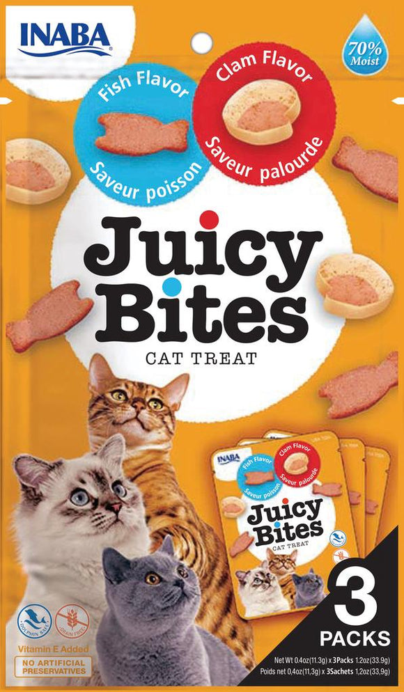 INABA Juicy Bites Grain-Free  Soft  Moist  Chewy Cat Treats with Vitamin E and Green Tea Extract  0.4 Ounces per Pouch  3 Pouches  Fish and Clam