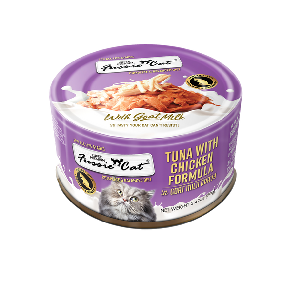 Fussie Cat Premium Tuna w/ Chicken in Goats Milk 2.47oz