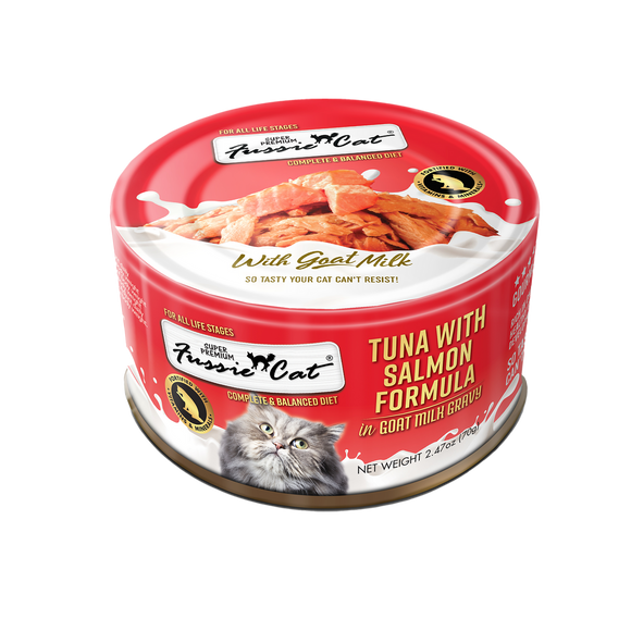 Fussie Cat Premium Tuna w/Salmon in Goats Milk 2.47oz