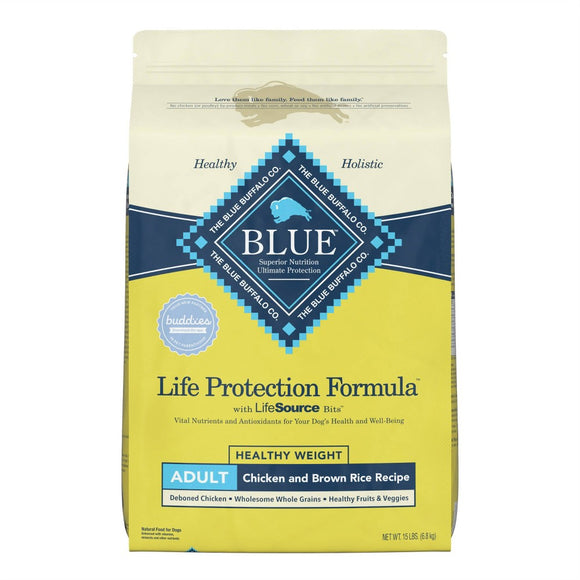 Blue Buffalo Life Protection Formula Healthy Weight Chicken and Brown Rice Dry Dog Food for Adult Dogs  Whole Grain  15 lb. Bag
