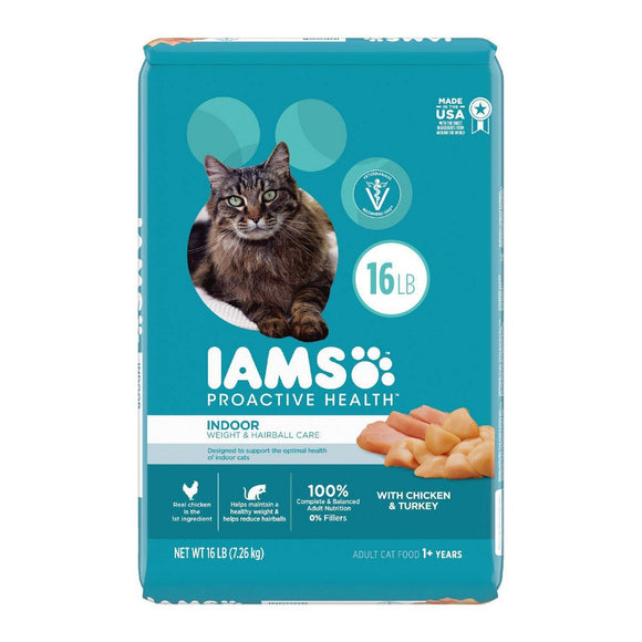 IAMS PROACTIVE HEALTH Adult Indoor Weight & Hairball Care Dry Cat Food with Chicken & Turkey  16 lb. Bag