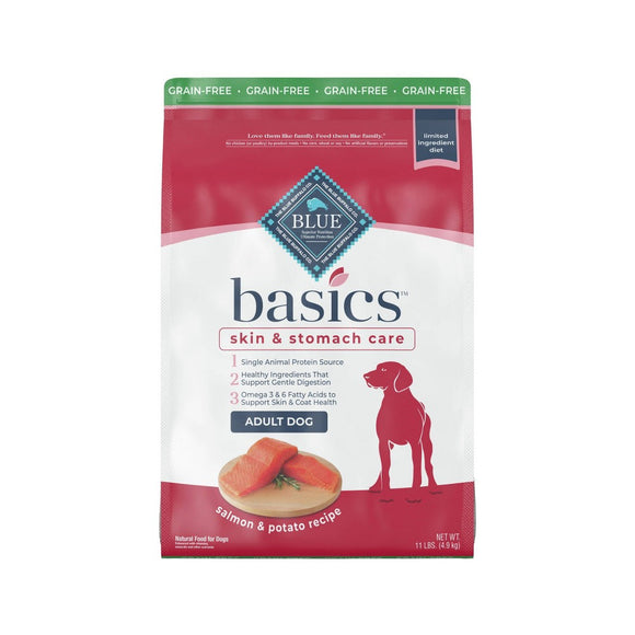 Blue Buffalo Basics Skin & Stomach Care Grain Free Natural Salmon & Potato Recipe Adult Dry Dog Food - 11lbs