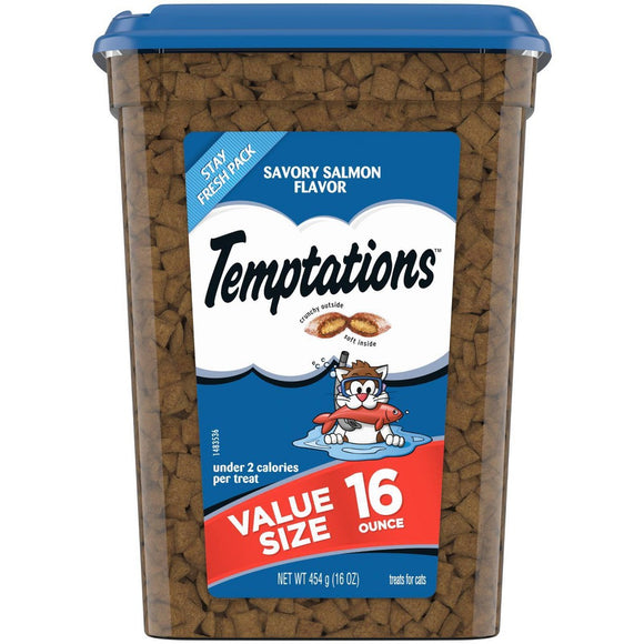 TEMPTATIONS Classic Crunchy and Soft Cat Treats Savory Salmon Flavor  16 oz. Tub
