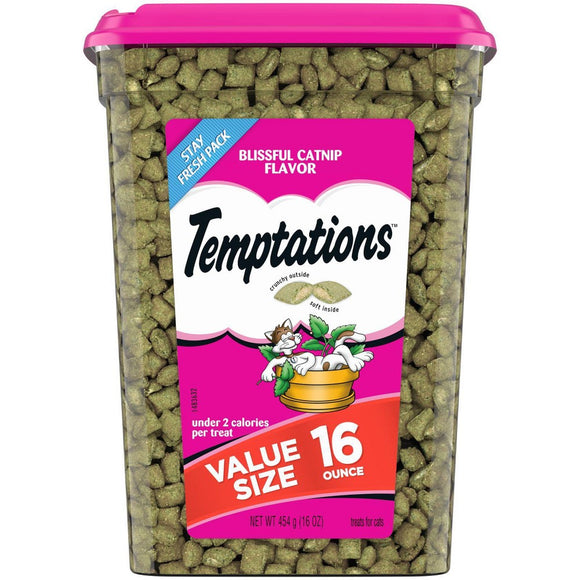 TEMPTATIONS Classic  Crunchy and Soft Cat Treats  Blissful Catnip Flavor  16 oz. Tub