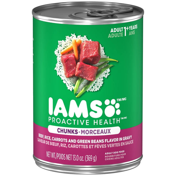 IAMS PROACTIVE HEALTH Adult Soft Wet Dog Food Chunks in Gravy Beef  Rice  Carrots & Green Beans Flavor  (12) 13 oz. Cans