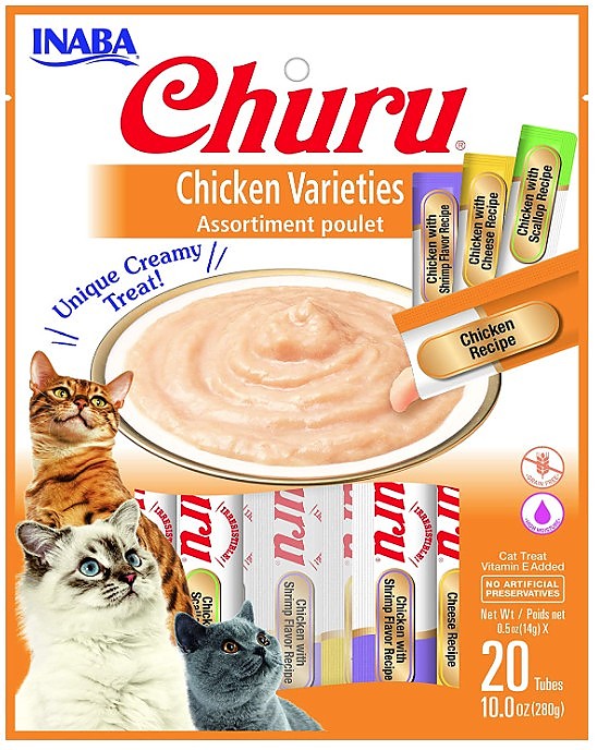 INABA Churu Creamy  Lickable Purée Cat Treat w Taurine  0.5 oz  20 Tubes  Chicken Variety
