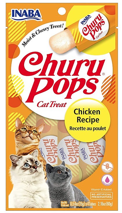 INABA Churu Pops  Grain-Free  Soft  Moist and Chewy Jelly Cat Treats with Vitamin E  0.54 Ounces Each  24 Tubes (4 per Pack)  Chicken Recipe