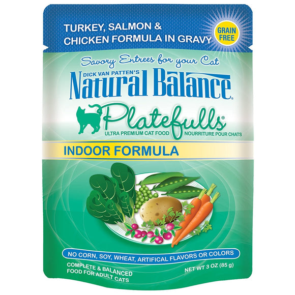 Natural Balance Platefulls® Indoor Turkey, Salmon & Chicken Formula in Gravy Cat Pouch, Pack of 24/ 3 Oz