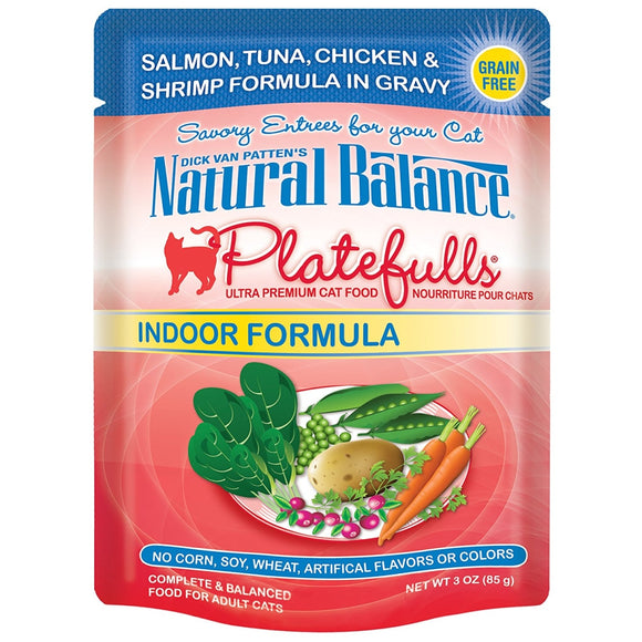 Natural Balance 3-Ounce Platefulls Indoor Salmon, Tuna, Chicken and Shrimp Formula in Gravy Entree for Cats, Pack of 24