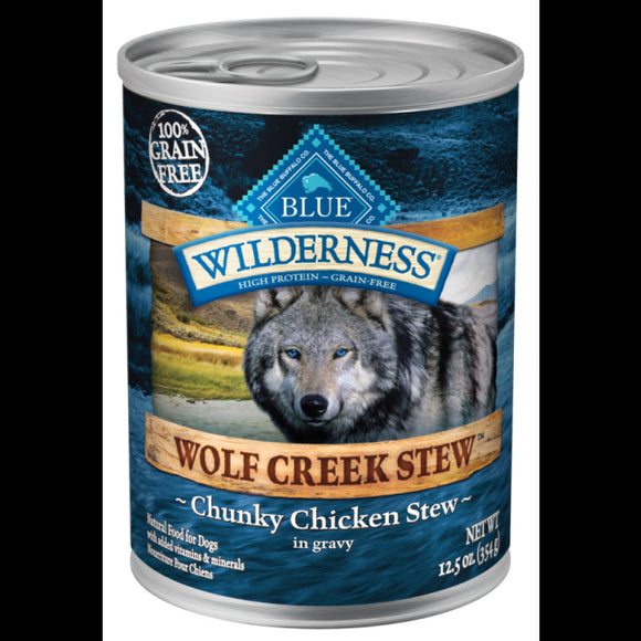 Blue Buffalo Wilderness Wolf Creek Stew High Protein Grain Free, Natural Wet Dog Food, Chunky Chicken Stew in gravy, 12.5-oz cans, Case of 12