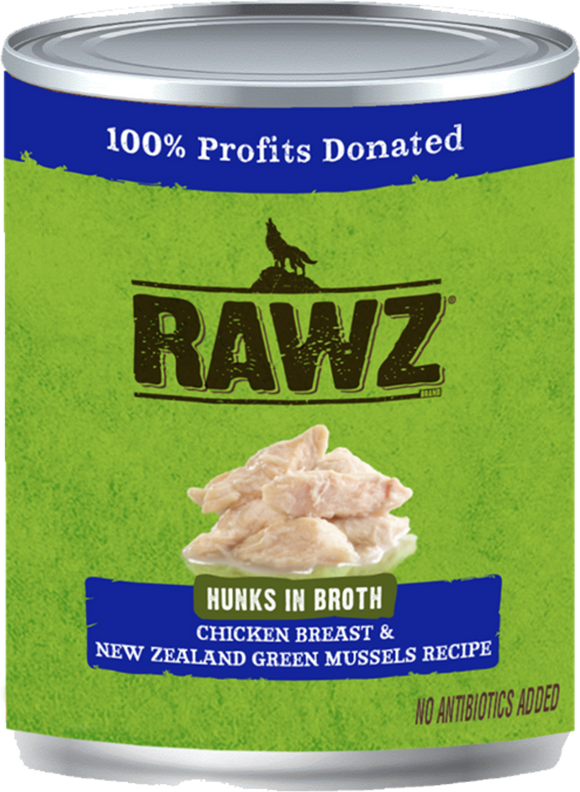 Rawz Hunks in Broth Chicken, New Zealand Green Mussel Dog Food 10oz