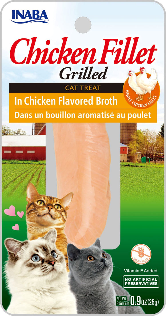 INABA Natural  Premium Hand-Cut Grilled Chicken Fillet Cat Treats/Topper/Complement with Vitamin E and Green Tea Extract  0.9 Ounces Each  Chicken Broth