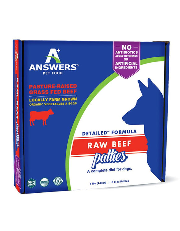 Answers Frozen Detailed Beef Patties Dog Food 8oz Box
