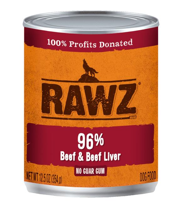 Rawz Canned Dog Food 12.5 oz Pate 96%  Beef and Liver