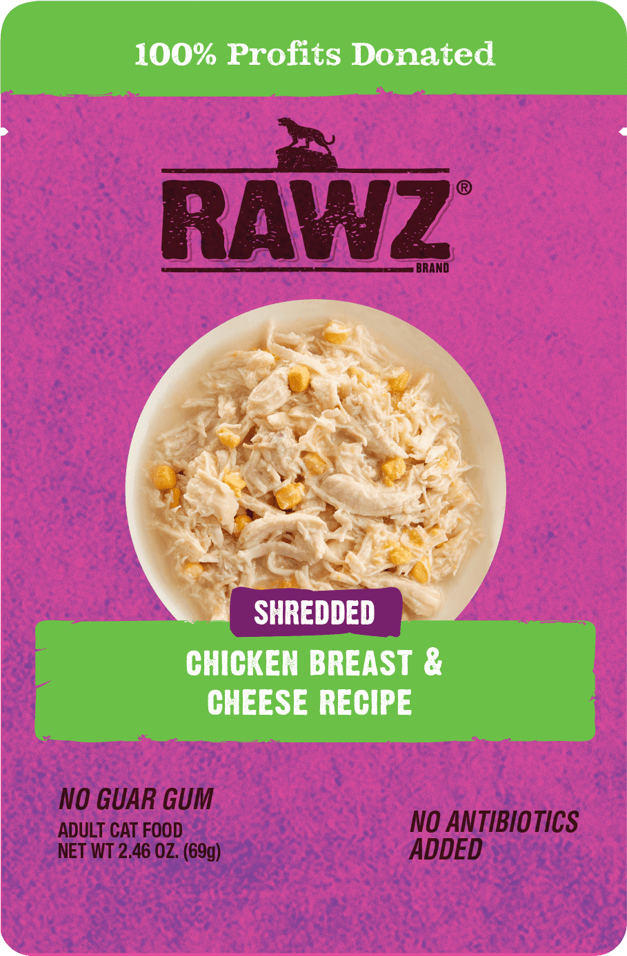 Raws Wet Cat Food 2.4oz Pouch Shreds  Chicken and Cheese