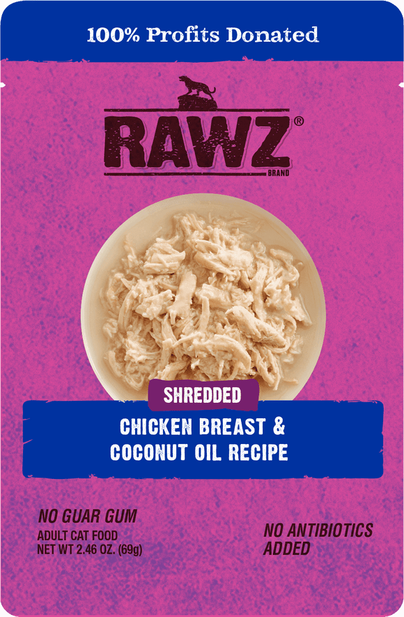 Raws Wet Cat Food 2.4oz Pouch Shreds Chicken and Coconut Oil