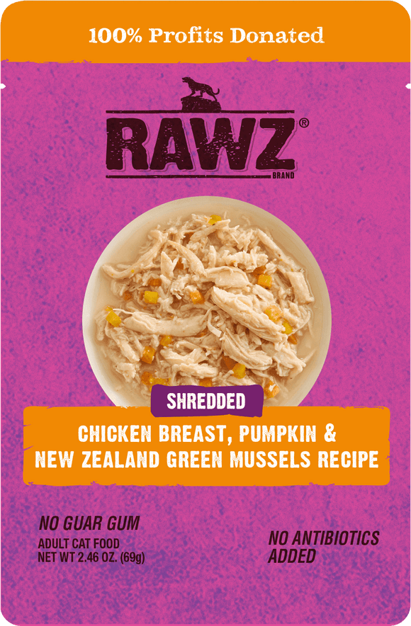 Raws Wet Cat Food 2.4oz Pouch Shreds Chicken Pumpkin and Mussels