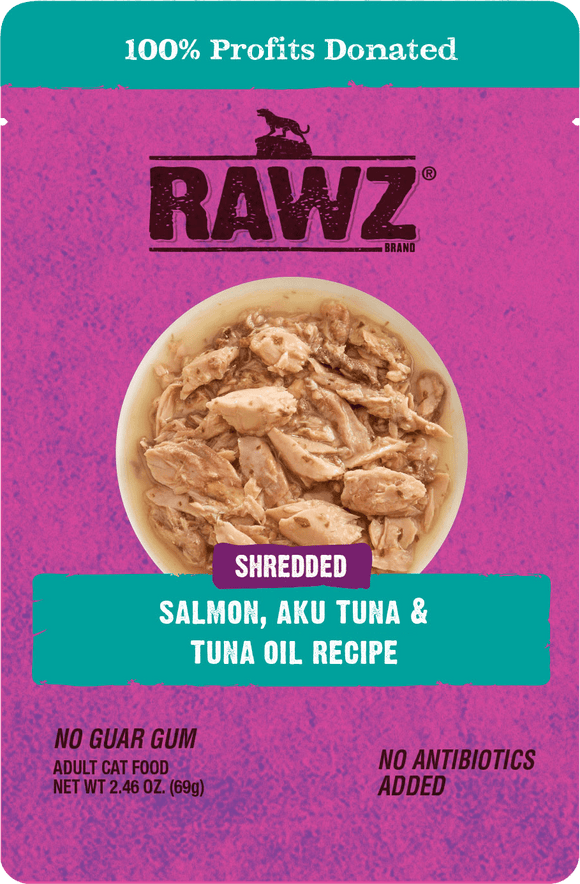 Raws Wet Cat Food 2.4oz Pouch Shreds Salmon Tuna and Tuna Oil