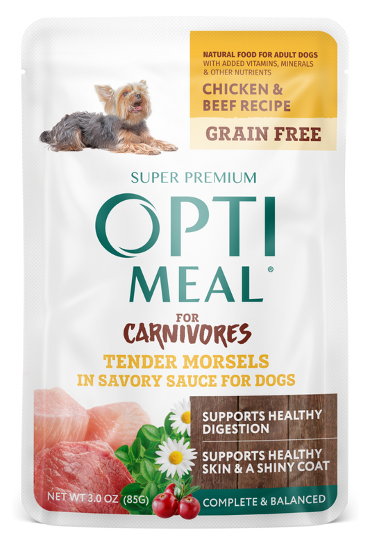 Optimeal Tender Morsels 3oz Grain Free Dog Pouch Chicken Beef