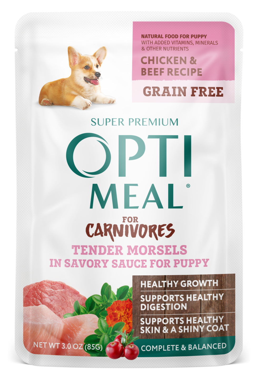 Optimeal Tender Morsels 3oz Grain Free Dog Pouch Chicken Beef Puppy