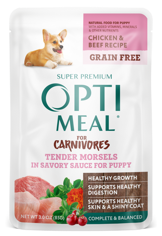 Optimeal Tender Morsels 3oz Grain Free Dog Pouch Chicken Beef Puppy